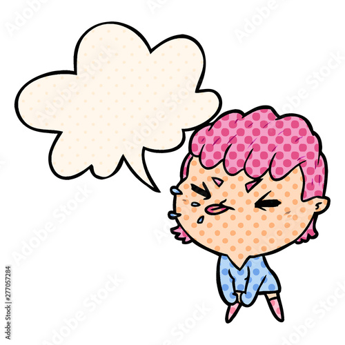 cute cartoon rude girl and speech bubble in comic book style