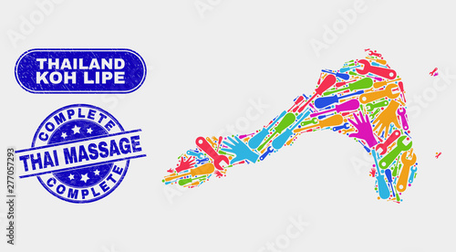 Industrial Koh Lipe map and blue Complete Thai Massage distress seal. Colored vector Koh Lipe map mosaic of workshop. Blue round Complete Thai Massage seal.