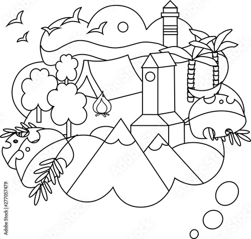Vector linear illustration of the dream trip. Different tipes and variants of travelling. Travelling to the mountains, seaside, forest or tropics and sightseeing.