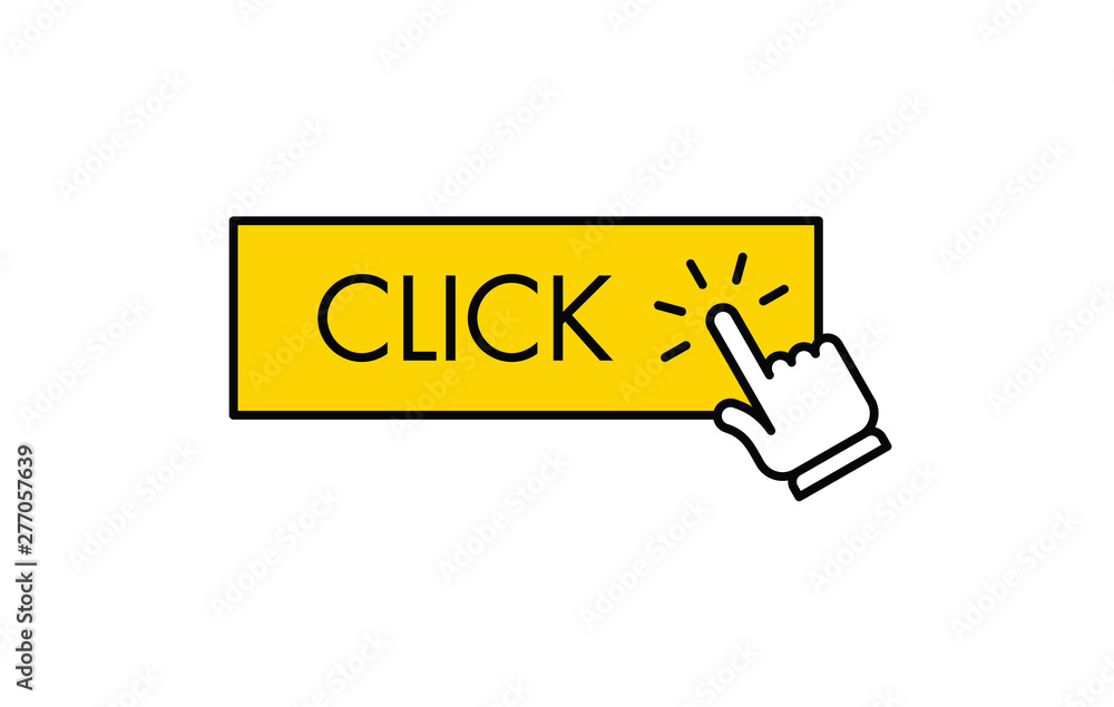 Click here button with hand clicking icon Click here button with hand clicking icon