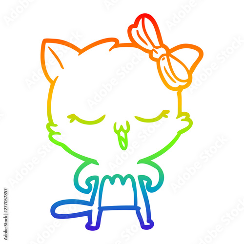 rainbow gradient line drawing cartoon cat with bow on head