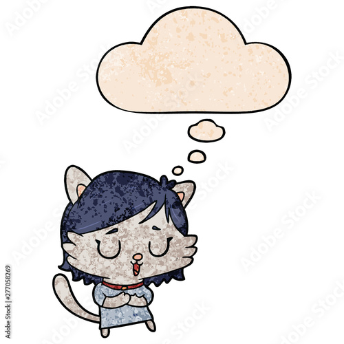 cartoon cat girl and thought bubble in grunge texture pattern style
