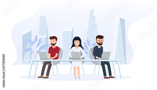 Office interior with employees. Creative office workspace with a large window and a modern city behind, desktop, laptop.