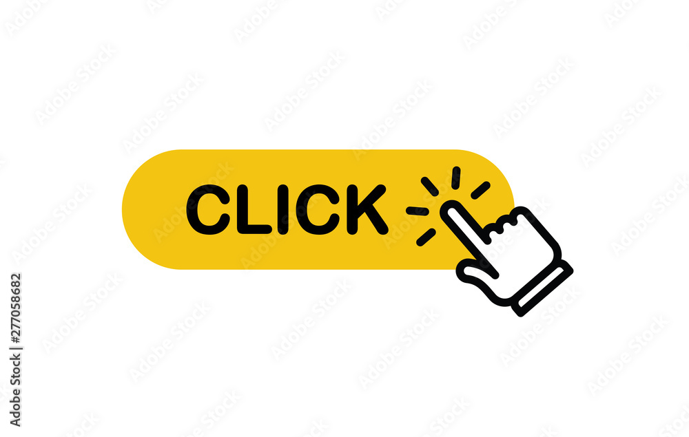 Click here button with hand clicking icon Click here button with hand clicking icon