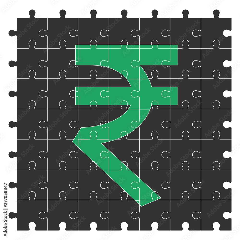 Green Indian rupee sign on jigsaw puzzle.