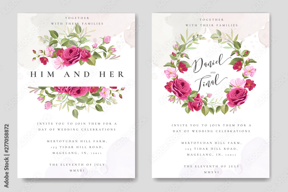 beautiful wedding invitation card with elegant floral and leaves template