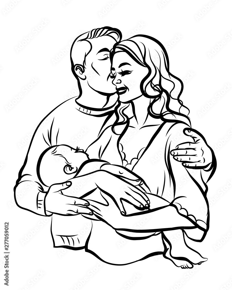 Family. Graphic, hand-drawn sketch depicting happy parents with a baby in their arms. Family. Graphic, hand-drawn sketch depicting happy parents with a baby in their arms.