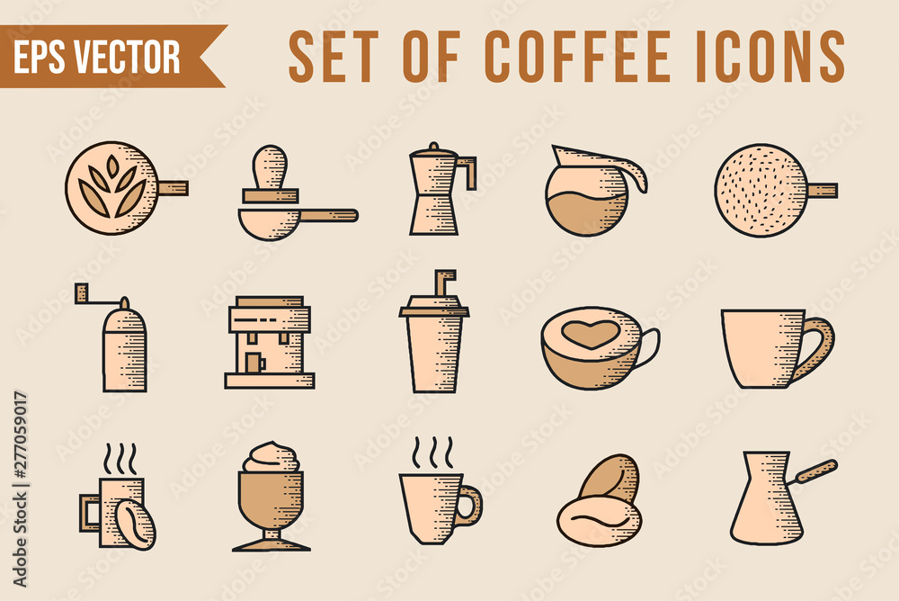 Set Of Pastel Color Coffee Icons
