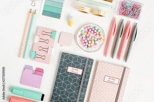School supplies. Stylish stationery in pink and blue pastel color. Flat lay, top view. photo