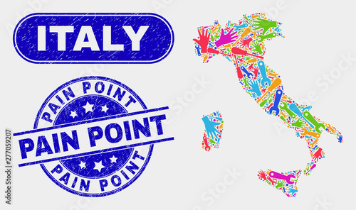 Component Italy map and blue Pain Point grunge seal stamp. Colorful vector Italy map mosaic of workshop. Blue round Pain Point seal.