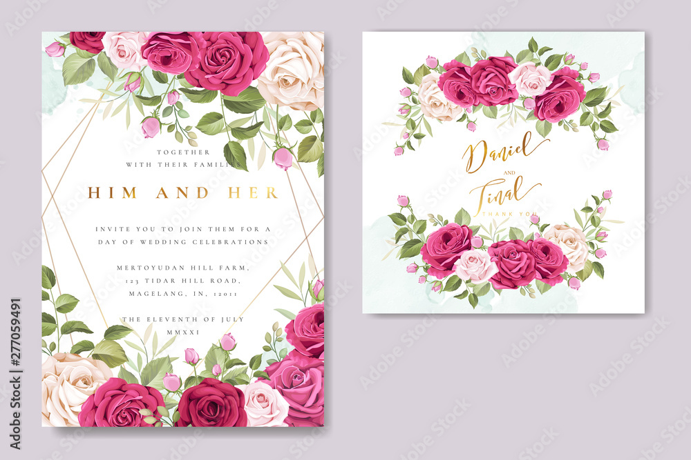 Naklejka beautiful wedding invitation card with elegant floral and leaves template