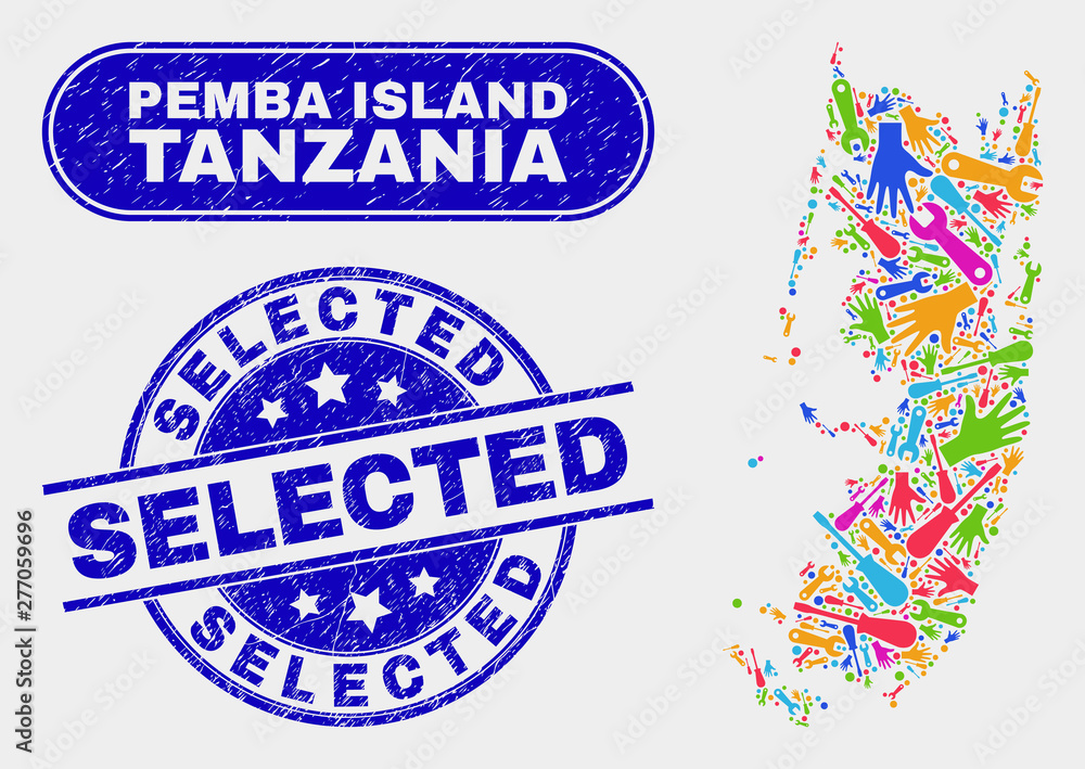 Factory Pemba island map and blue Selected textured seal stamp. Colorful vector Pemba island map mosaic of production elements. Blue rounded Selected seal.