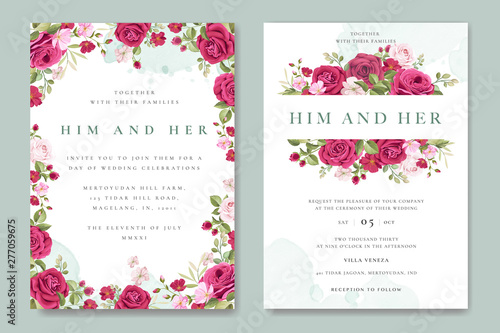 beautiful wedding invitation card with elegant floral and leaves template