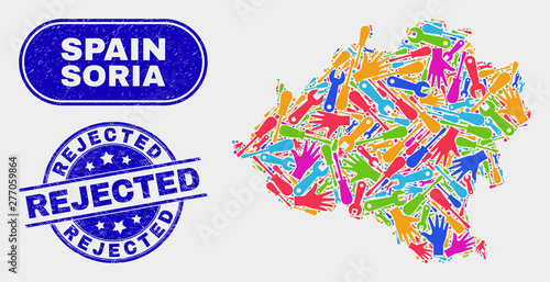 Productivity Soria Province map and blue Rejected grunge seal stamp. Bright vector Soria Province map mosaic of equipment units. Blue round Rejected seal.