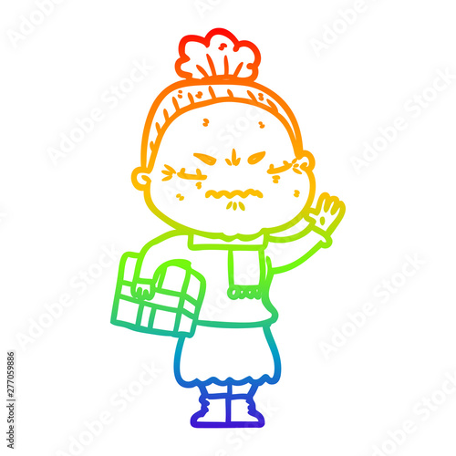 rainbow gradient line drawing cartoon annoyed old lady