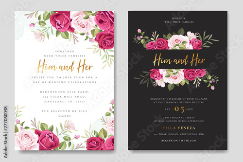 beautiful wedding invitation card with elegant floral and leaves template