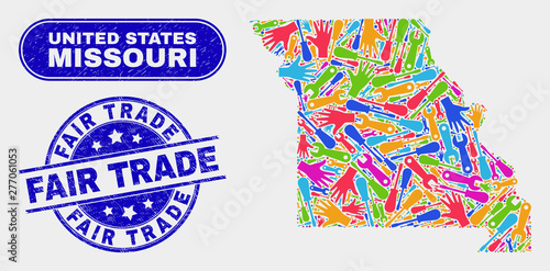 Industrial Missouri State map and blue Fair Trade scratched watermark. Bright vector Missouri State map mosaic of industrial components. Blue round Fair Trade seal.