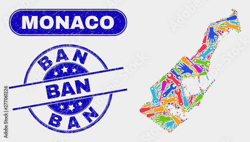 Factory Monaco map and blue Ban distress seal stamp. Colored vector Monaco map mosaic of mechanic. Blue rounded Ban stamp.