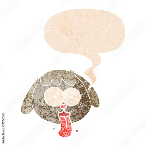 cartoon dog face panting and speech bubble in retro textured style