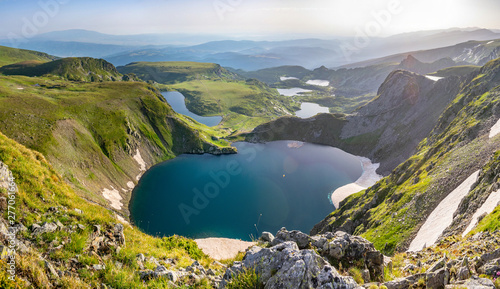 Fototapeta Naklejka Na Ścianę i Meble -  Sunrise aerial view of seven rila lakes in Bulgaria