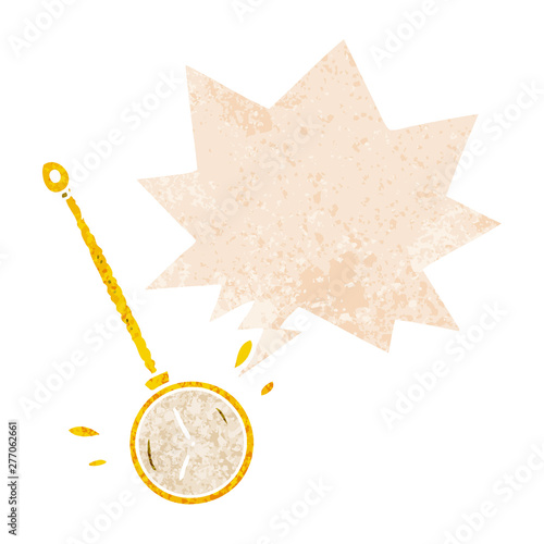 cartoon gold watch and speech bubble in retro textured style