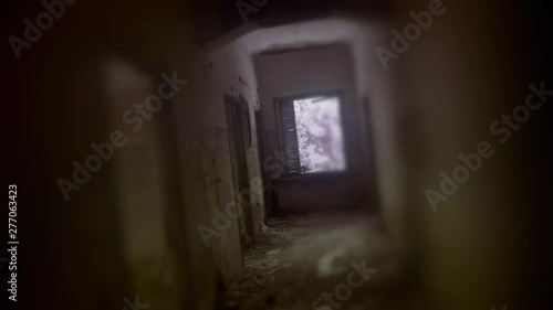 VR simulation horror video game in abandoned scary building