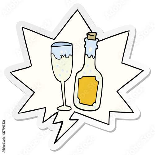 cartoon champagne bottle and glass and speech bubble sticker