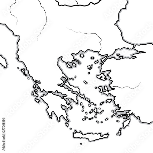 Map of The BALKAN/GREEK Lands: Greece (Hellas), Balkans, Peloponnese, Thessalia, Thracia, Macedonia, Albania, Illyria, Ionia, Anatolia, Aegean Sea. Geographic chart with sea coastline and isles.