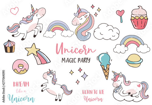 pastel unicorn set with unicorn,head,cupcake,rainbow,cloud,star.vector illustration for sticker,postcad,birthday invitation