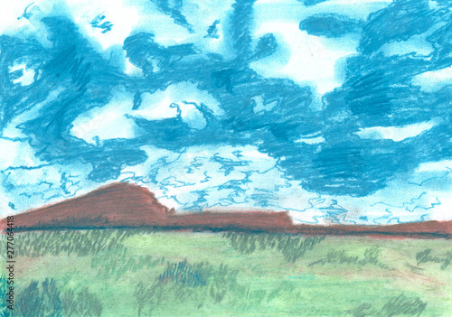 illustration of a pastel landscape of blue sky and mountains