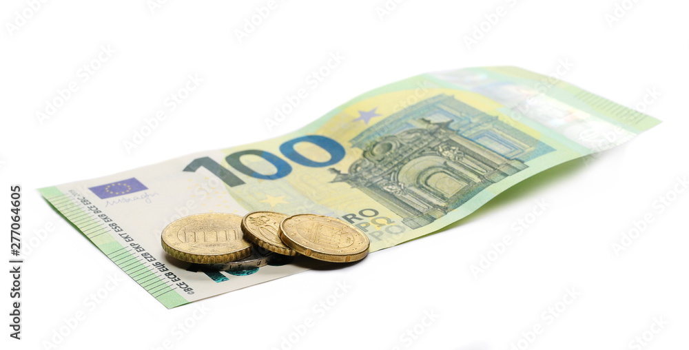 100 new euro banknote with coins isolated on white background 100 new euro banknote with coins isolated on white background