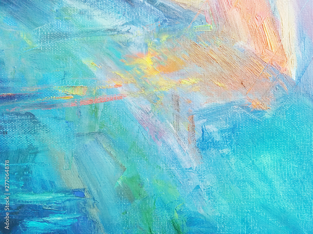 Turquoise blue and orange oil paint on canvas abstract background