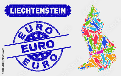 Element Liechtenstein map and blue Euro distress seal stamp. Colored vector Liechtenstein map mosaic of tools. Blue rounded Euro stamp.
