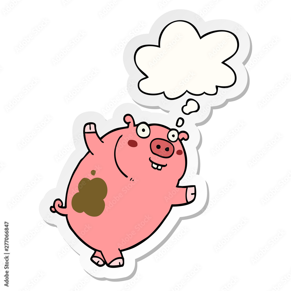 funny cartoon pig and thought bubble as a printed sticker funny cartoon pig and thought bubble as a printed sticker