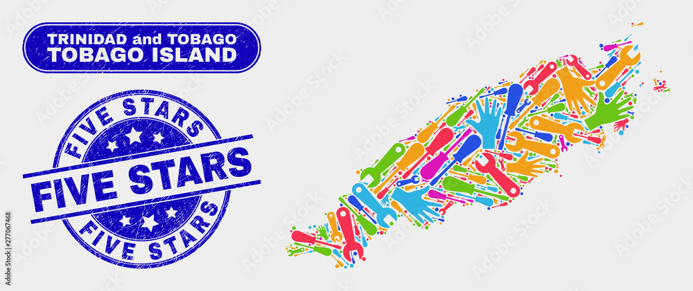 Assembly Tobago Island map and blue Five Stars distress seal stamp. Bright vector Tobago Island map mosaic of production items. Blue round Five Stars stamp. Assembly Tobago Island map and blue Five Stars distress seal stamp. Bright vector Tobago Island map mosaic of production items. Blue round Five Stars stamp.