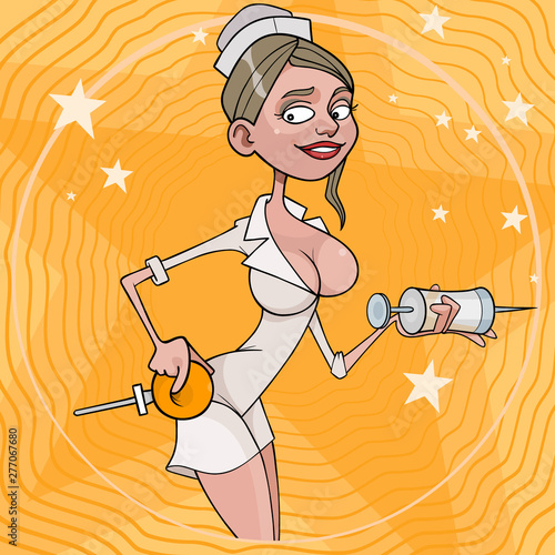 funny cartoon nurse with enema and syringe in hands