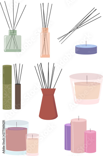 A set of vector incense sticks and aromatic candles in pleasant and soothing colors. Set of spa items. Elements for design.
