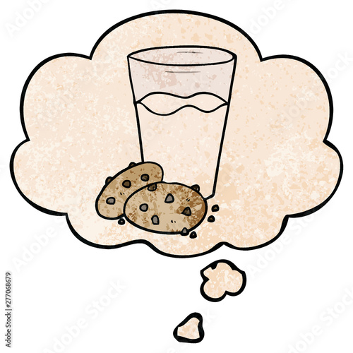 cartoon cookies and milk and thought bubble in grunge texture pattern style