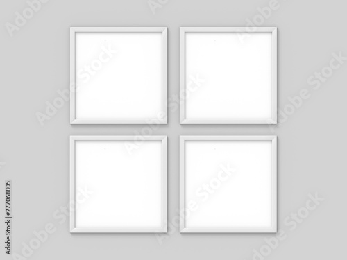 Set of 4 square white simple picture frame. Mockup for photography. 3D rendering