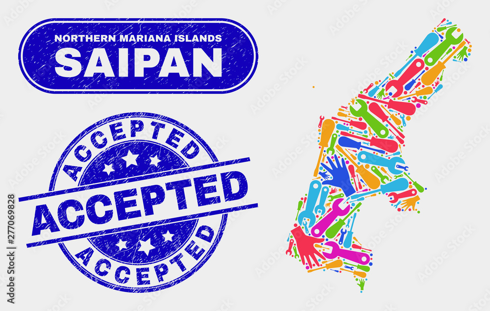Productivity Saipan Island map and blue Accepted textured stamp. Colorful vector Saipan Island map mosaic of mechanic elements. Blue round Accepted stamp.