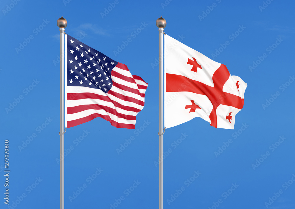 United States of America vs Georgia. Thick colored silky flags of America and Argentina. 3D illustration on sky background. – Illustration