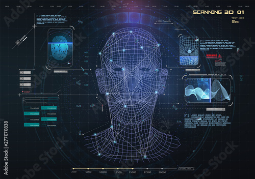 Biometric Identification or Recognition System of Person. The facial recognition technology Fingerprint, Voice. Recognition System Concept (Authentication). Set HUD, GUI, UI, 3D Elements. Vector