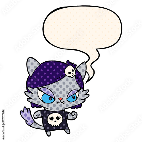cute cartoon tough cat girl and speech bubble in comic book style