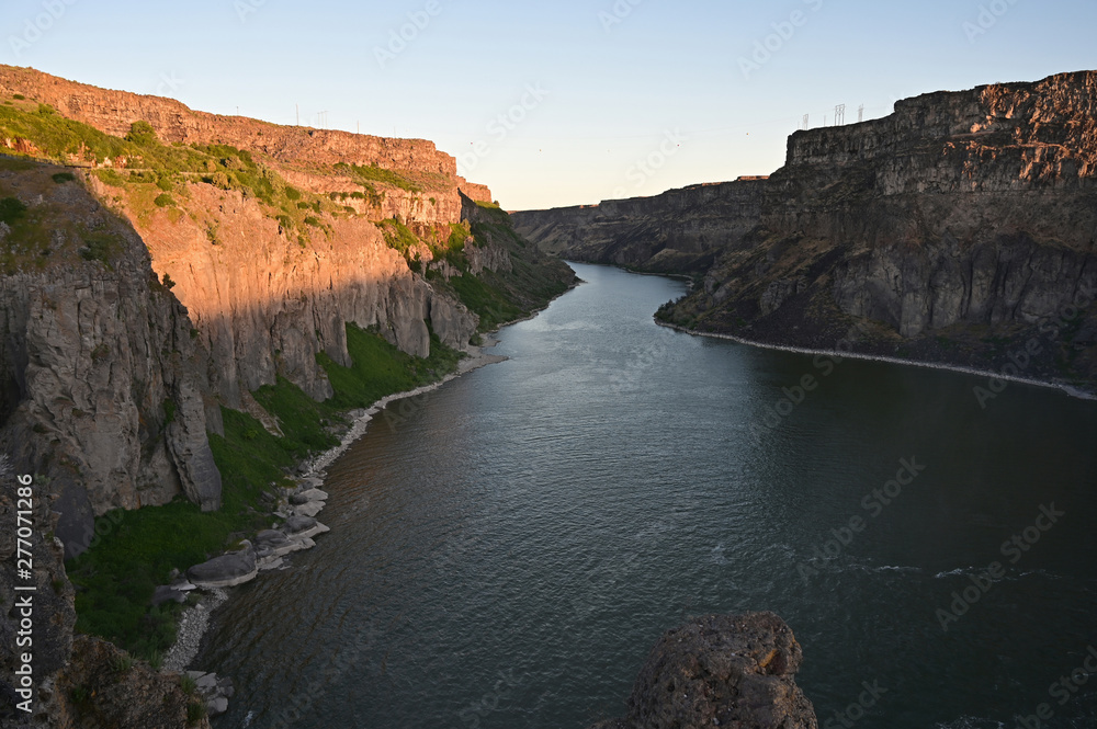 Tha Snake River and Snake River Canyon at first light in Twin Falls, Idaho.