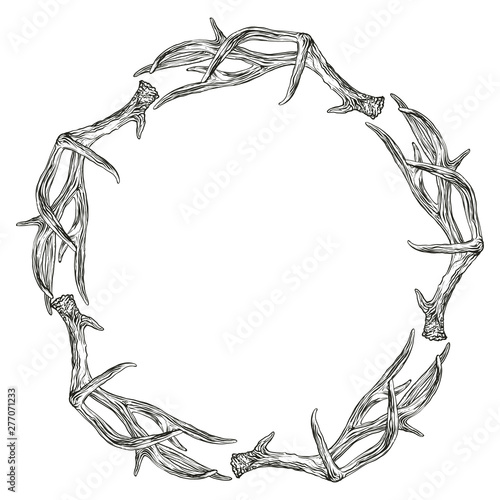 Vector illustration. Hand drawing on a graphic tablet. Frame made of deer antlers.
