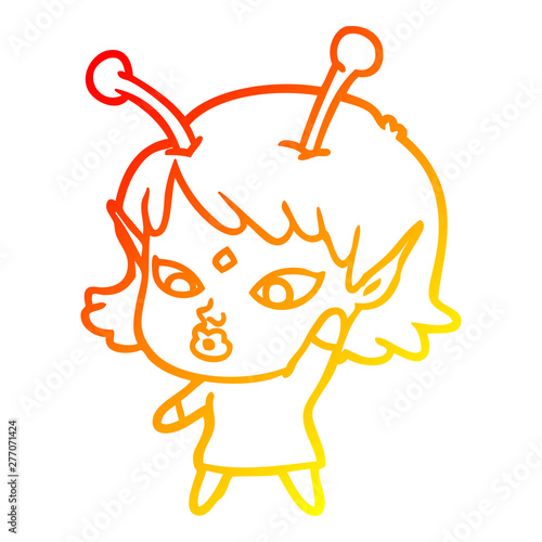 warm gradient line drawing pretty cartoon alien girl
