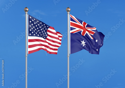 United States of America vs Australia. Thick colored silky flags of America and Australia. 3D illustration on sky background. - Illustration