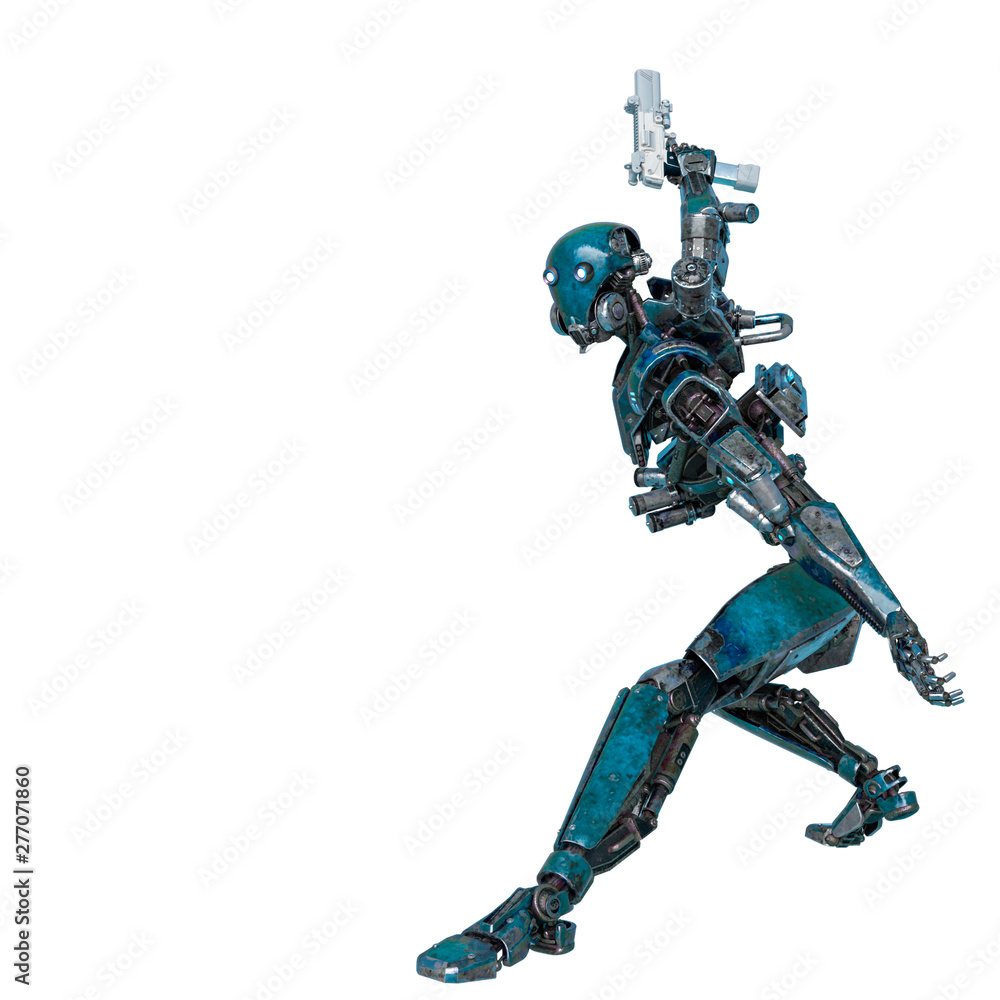 ninja robot have a pistol in a white background