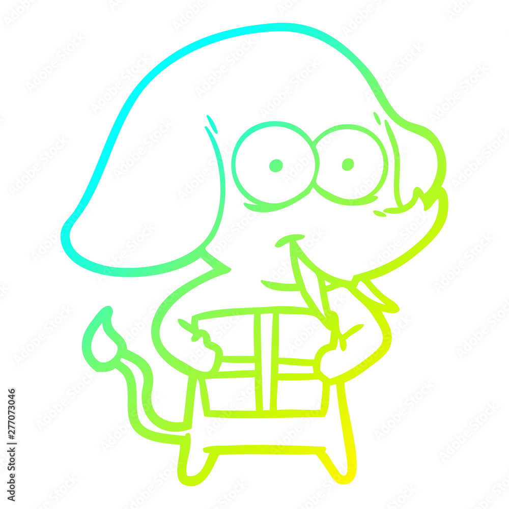 cold gradient line drawing happy cartoon elephant with present cold gradient line drawing happy cartoon elephant with present