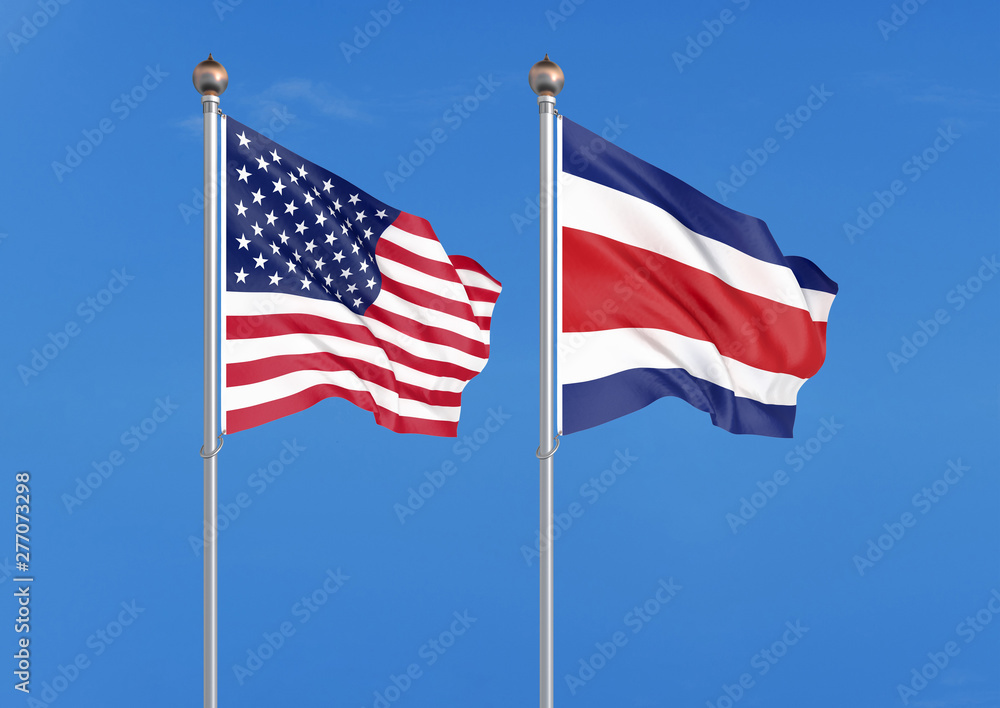 United States of America vs Costa Rica. Thick colored silky flags of America and Costa Rica. 3D illustration on sky background. - Illustration